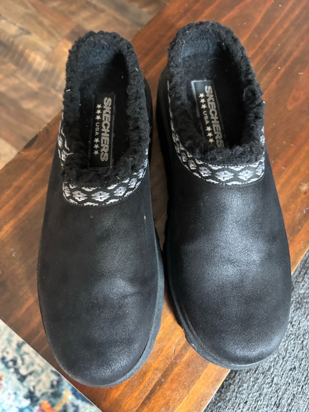 Skechers Black Faux-Suede Slip-On Clogs with Patterned Collar